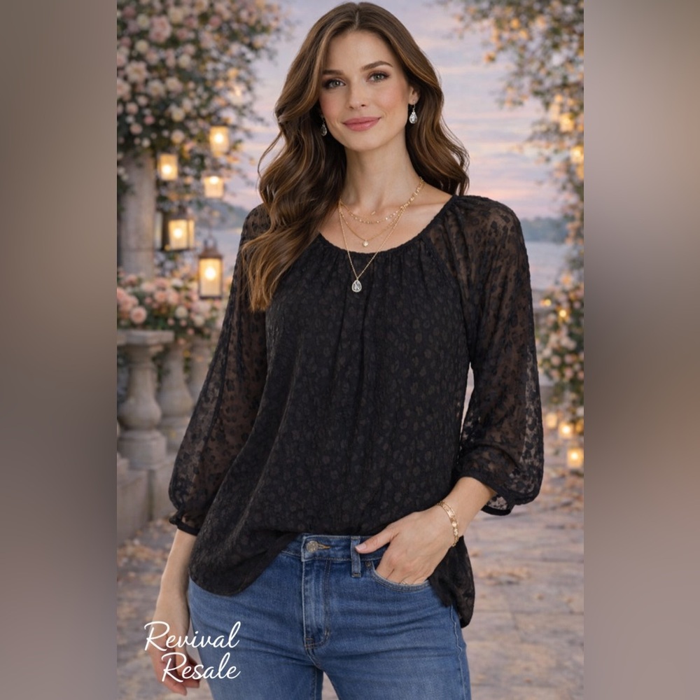 Susan Miller Black Sheer Textured Blouse – Women’s Medium- Flowy Feminine